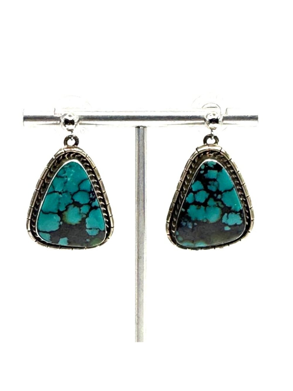 VTG Sterling Silver 925 Triangular Turquoise Dangle Earrings Size 1.25" Length